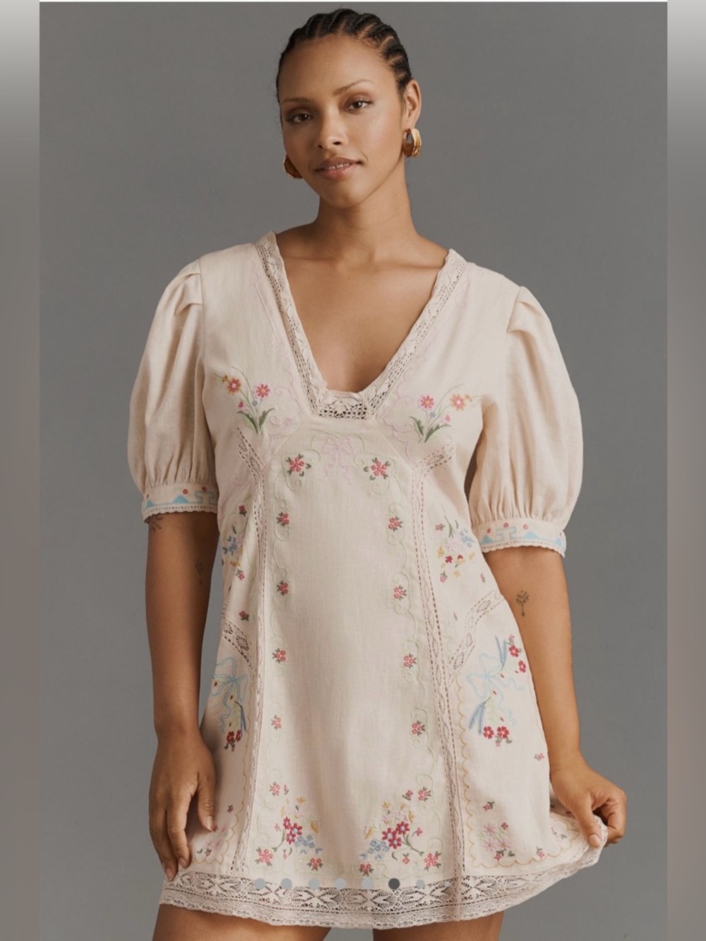 Anthropologie Linen Blend Puff-Sleeve V-Neck Mini Dress (14)